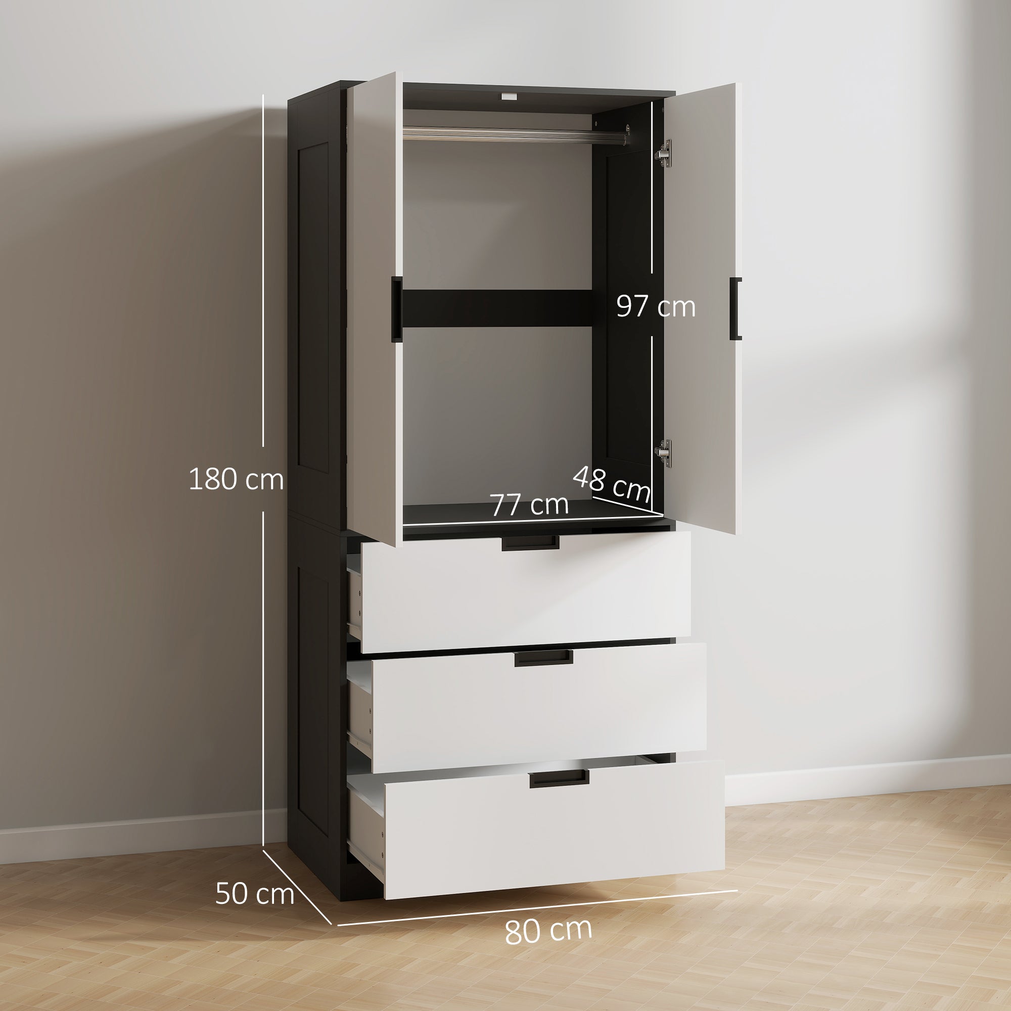 2 Door Wardrobe, Modern Wardrobe with 3 Drawers and Hanging Rod for Bedroom, High Gloss White