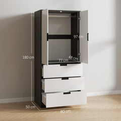 2 Door Wardrobe, Modern Wardrobe with 3 Drawers and Hanging Rod for Bedroom, High Gloss White