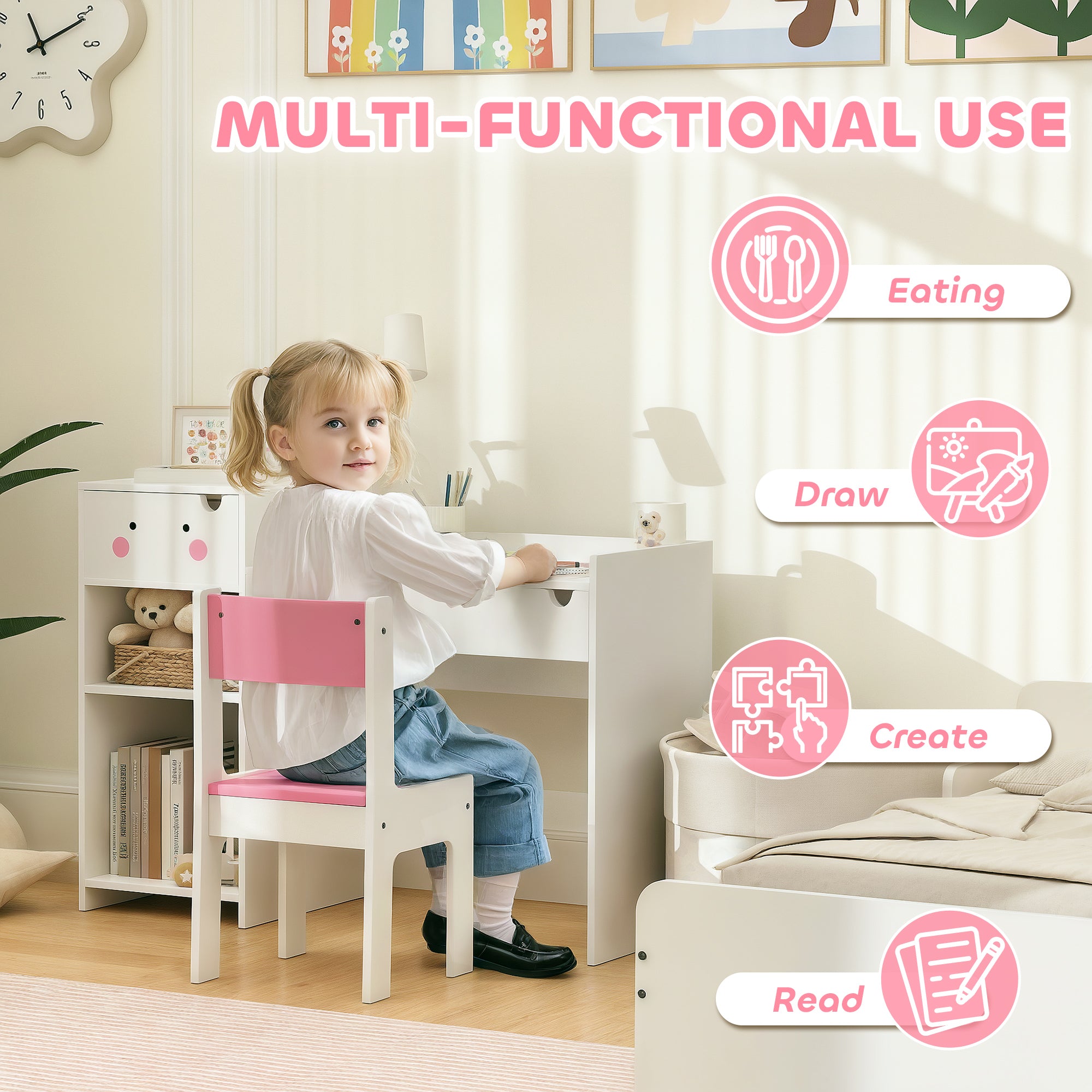 AIYAPLAY Rabbit-Themed Kids Desk and Chair Set with Bookcase, Drawers, Shelves, for Ages 3-6 Years, Whtie/Pink