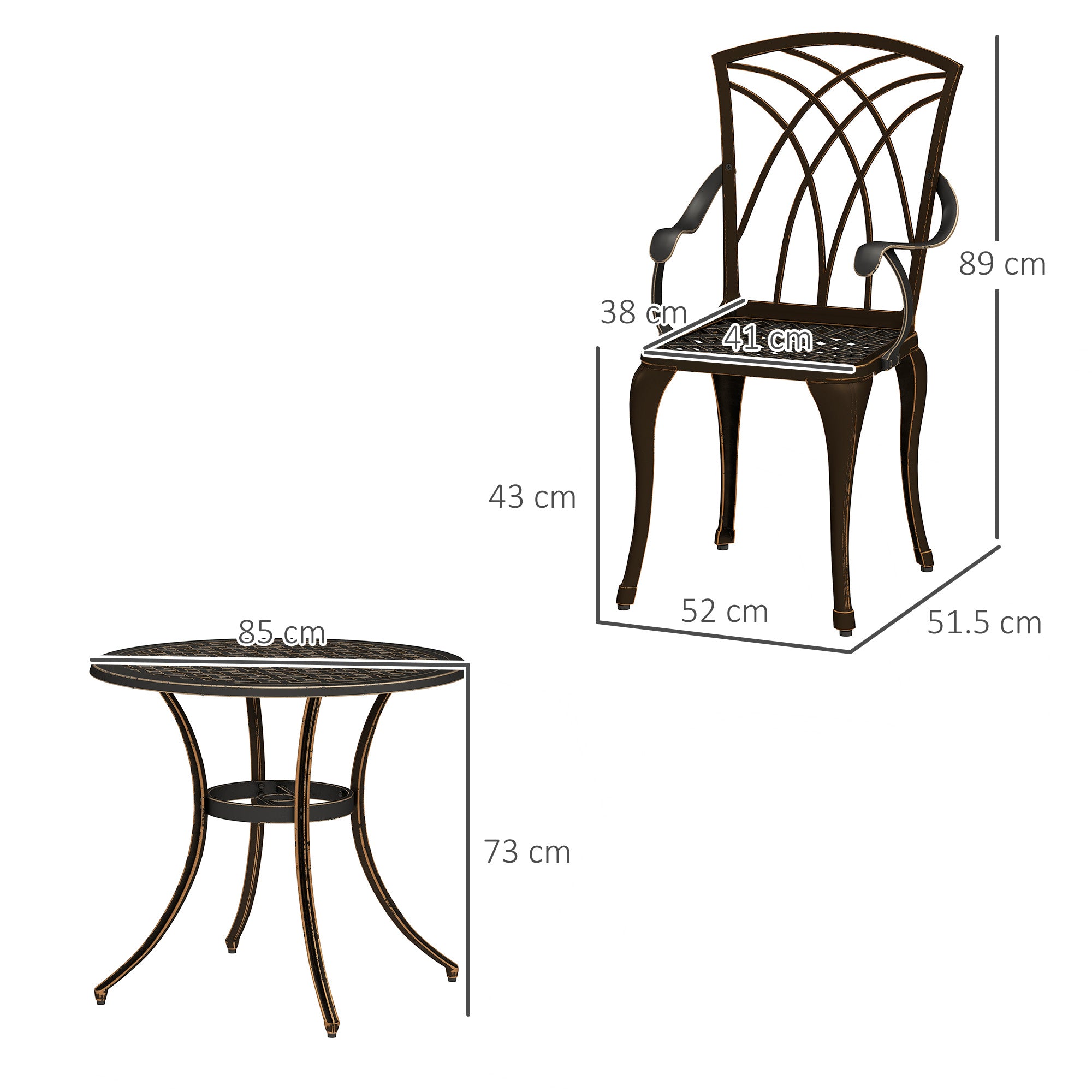 5 Pieces Garden Dining Set for 4, Cast Aluminium Outdoor Dining Set with 4 Armchairs and Round Dining Table with Parasol Hole, Garden Furniture Set, Bronze Tone