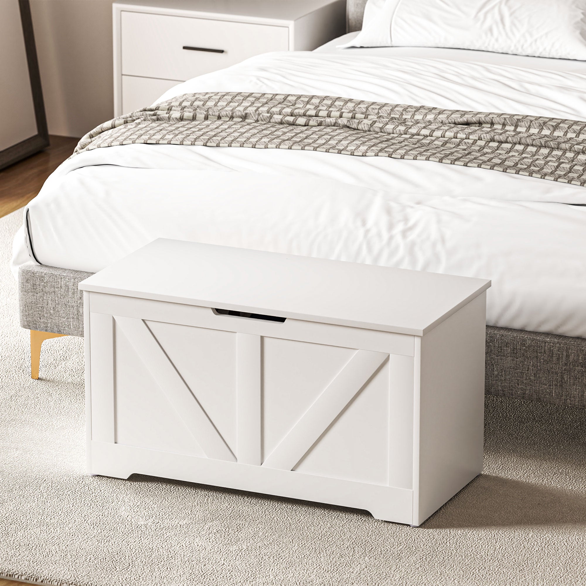 100L Home Storage Box, with Safety Hinges - White Wood-Effect