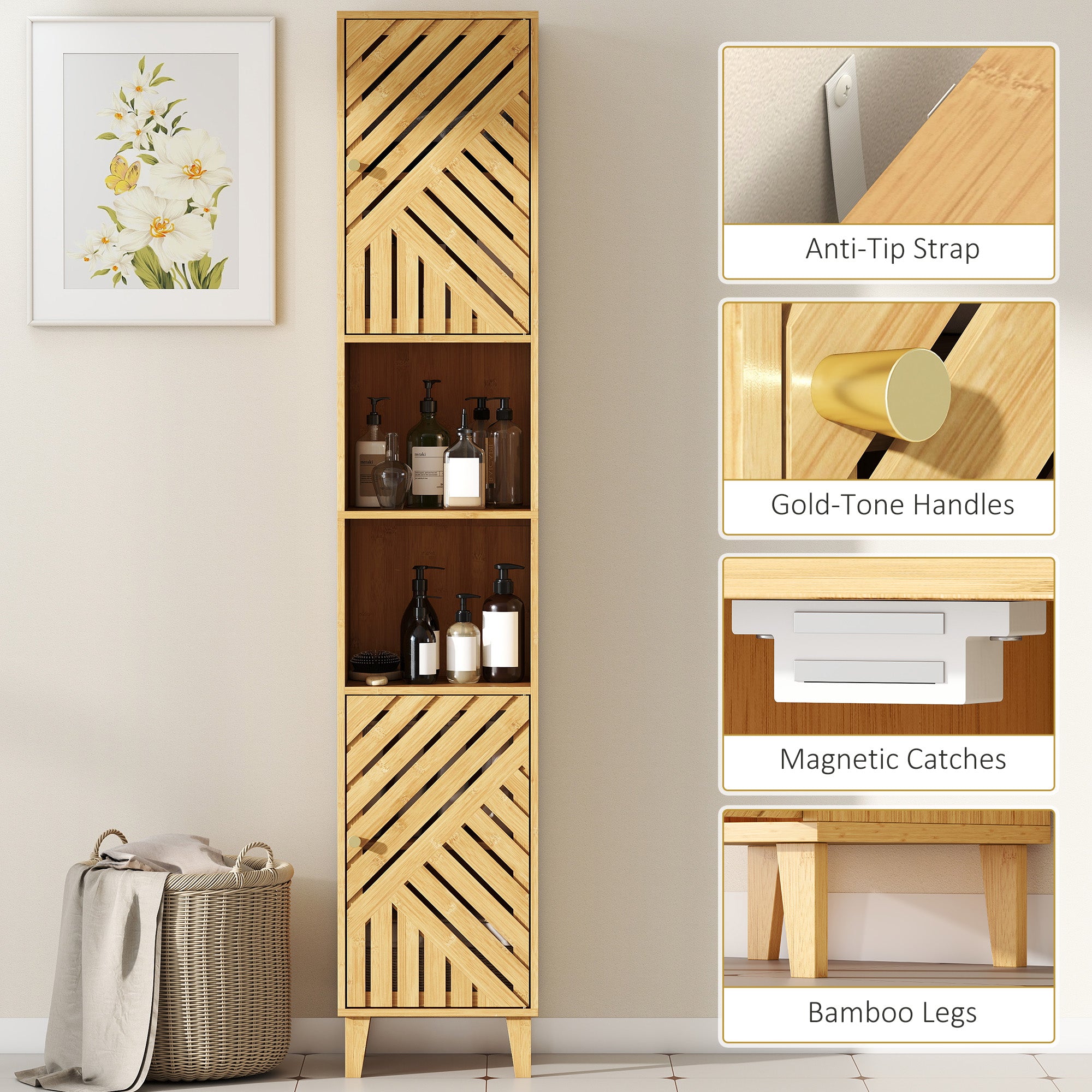 Fynco - Multi-Storage Bamboo Door Bathroom Cabinet - Natural Finish