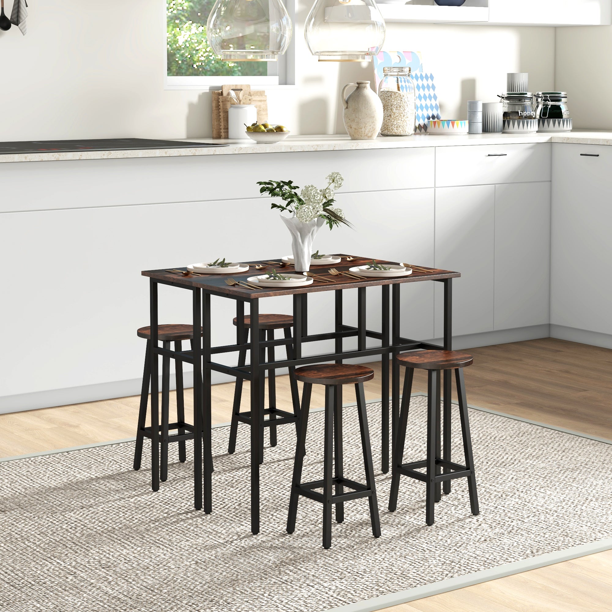 6-Piece Bar Table Set, Counter Height Kitchen Dining Set with 2 High Tables & 4 Stools, Space Saving Compact Bar Furniture for Small Kitchens and Flats, Multiple Arrangements, Rustic Brown