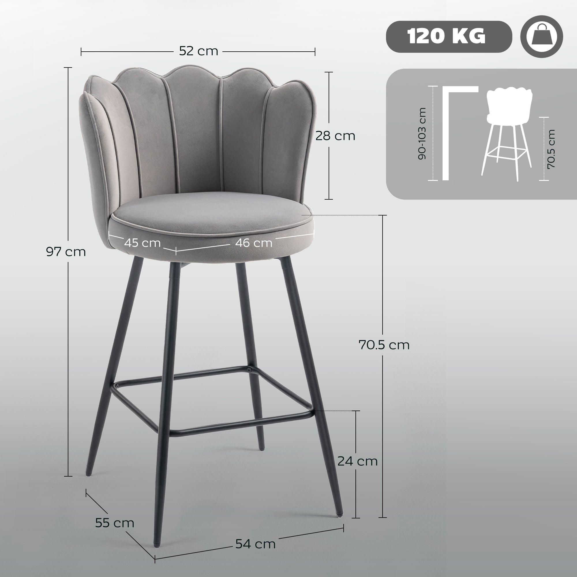 Fynco - Set of Two Velvet-Feel Lotus Bar Stools - Grey