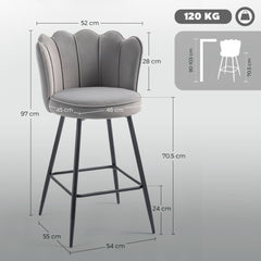Fynco - Set of Two Velvet-Feel Lotus Bar Stools - Grey