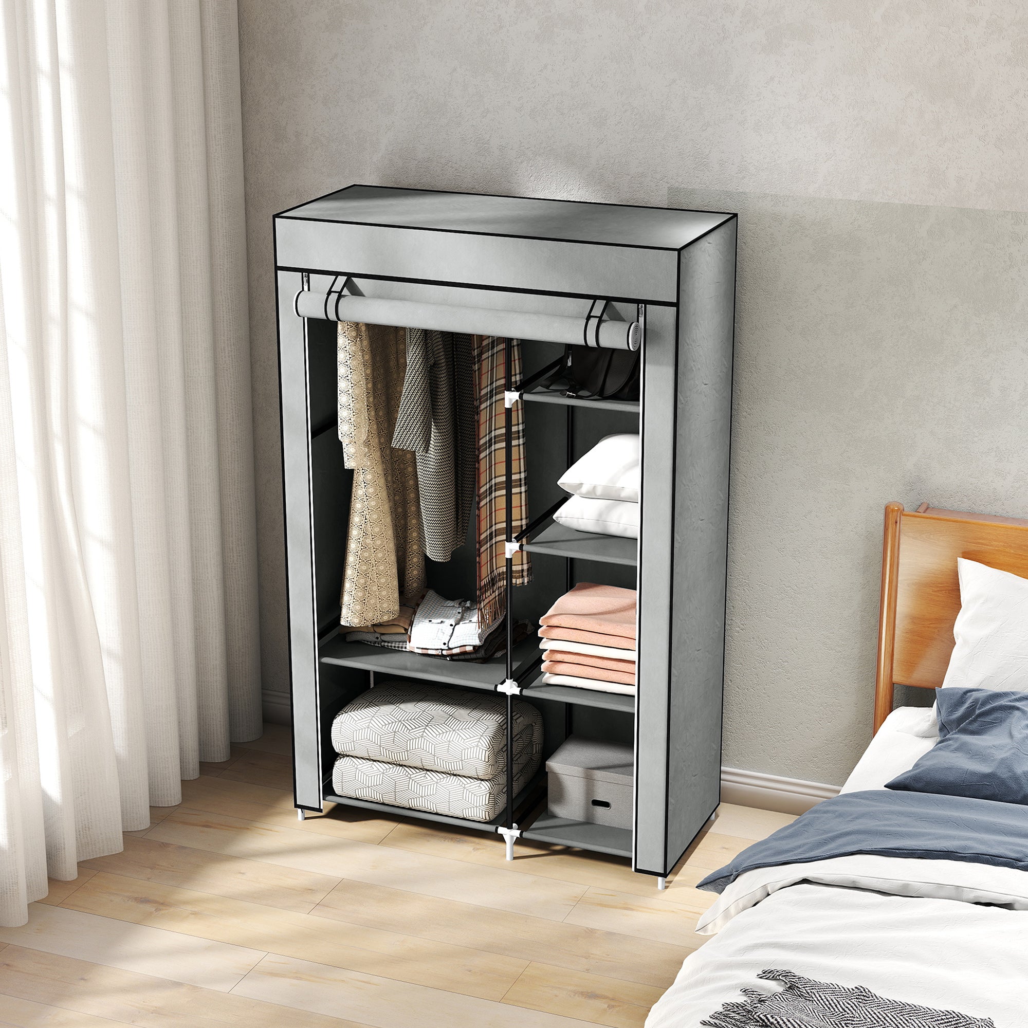 Fabric Wardrobe, Portable Wardrobe with 6 Shelves, 1 Hanging Rail, Foldable Closets, 103 x 43 x 162.5 cm, Light Grey