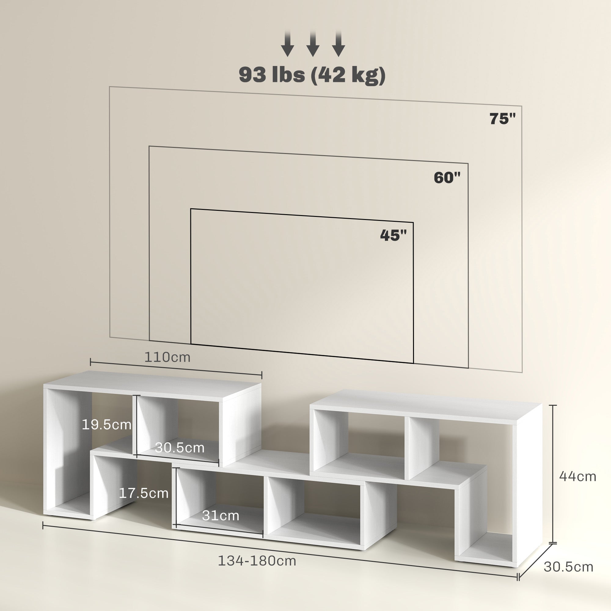 TV Stand for TVs up to 75 Inches, Free Combination TV Unit with Storage Shelves, Extendable Entertainment Centre for Living Room, White Wood Grain