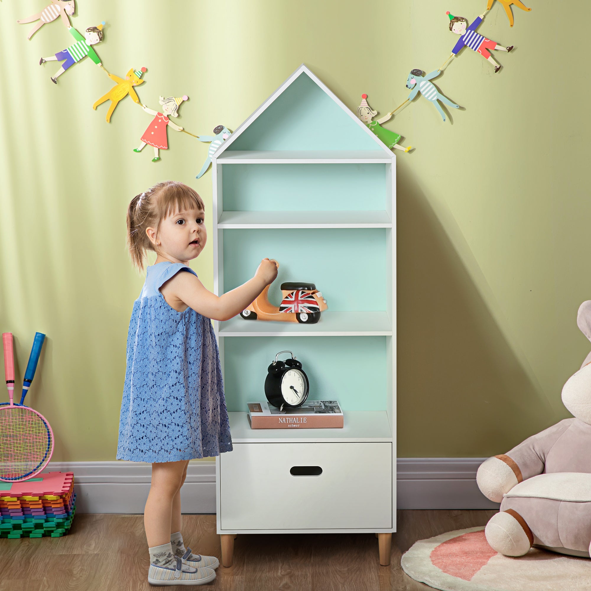 Kids Children Wooden Bookcase w/Drawer Bedroom Furniture Bookshelf Storage Rack Display Unit Toys Games Organisation Cabinet Pink Blue Back Panel 50 x 30 x 142 cm