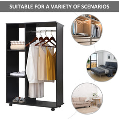 Open Wardrobe on Wheels, Bedroom Wardrobe with Clothes Hanging Rail, 3 Storage Shelves, Mobile Garment Rack for Cloakroom, Hallway, Black