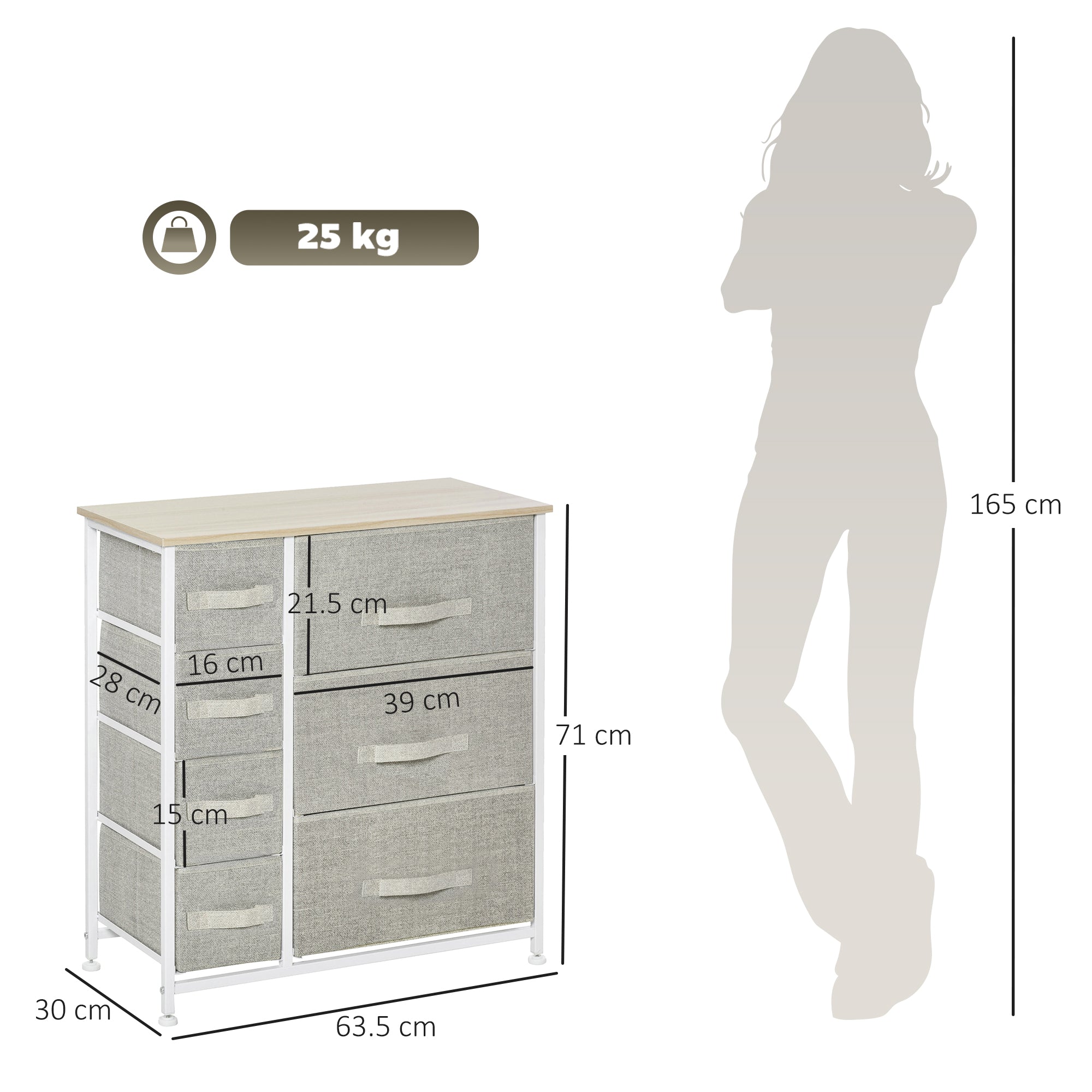 Chest of Drawers with 7 Drawers, Fabric Drawers with Large Storage Space, Drawers Dresser with Metal Frame, Adjustable Feet for Bedroom Living Room, Light Grey