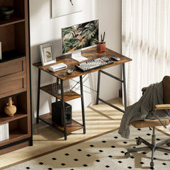 100cm Computer Desk with Storage, Industrial Home Office Desk with 2 Tier Shelves and Steel Frame, Computer Table for Study Room, Rustic Brown