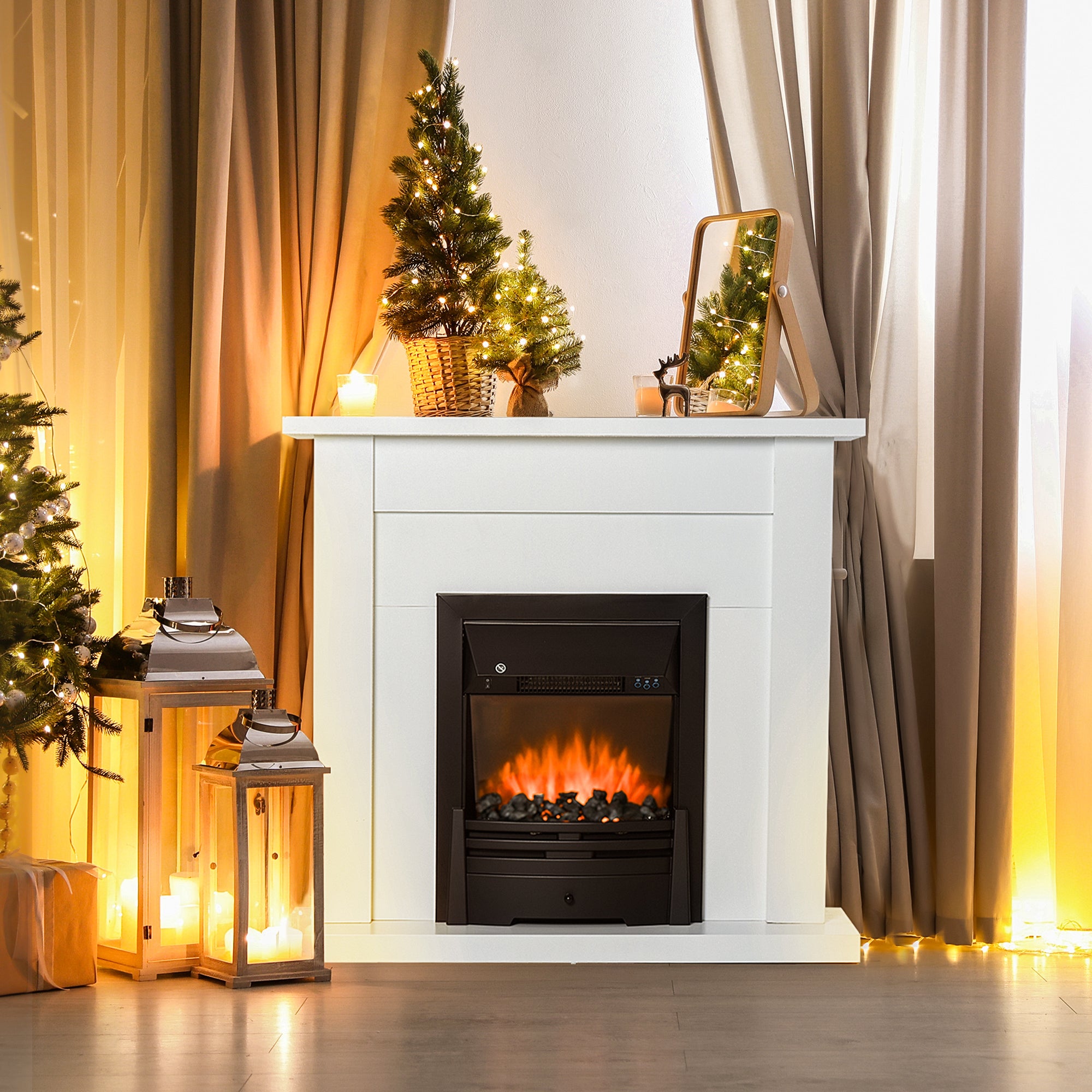 Fynco - Electric Firplace Suites & Mantelpiece w/LED Flames Remote Marble Stone Modern Curved Surround Intelligent Safe Tempered Glass Adjustable Thermal 1000W/2000W