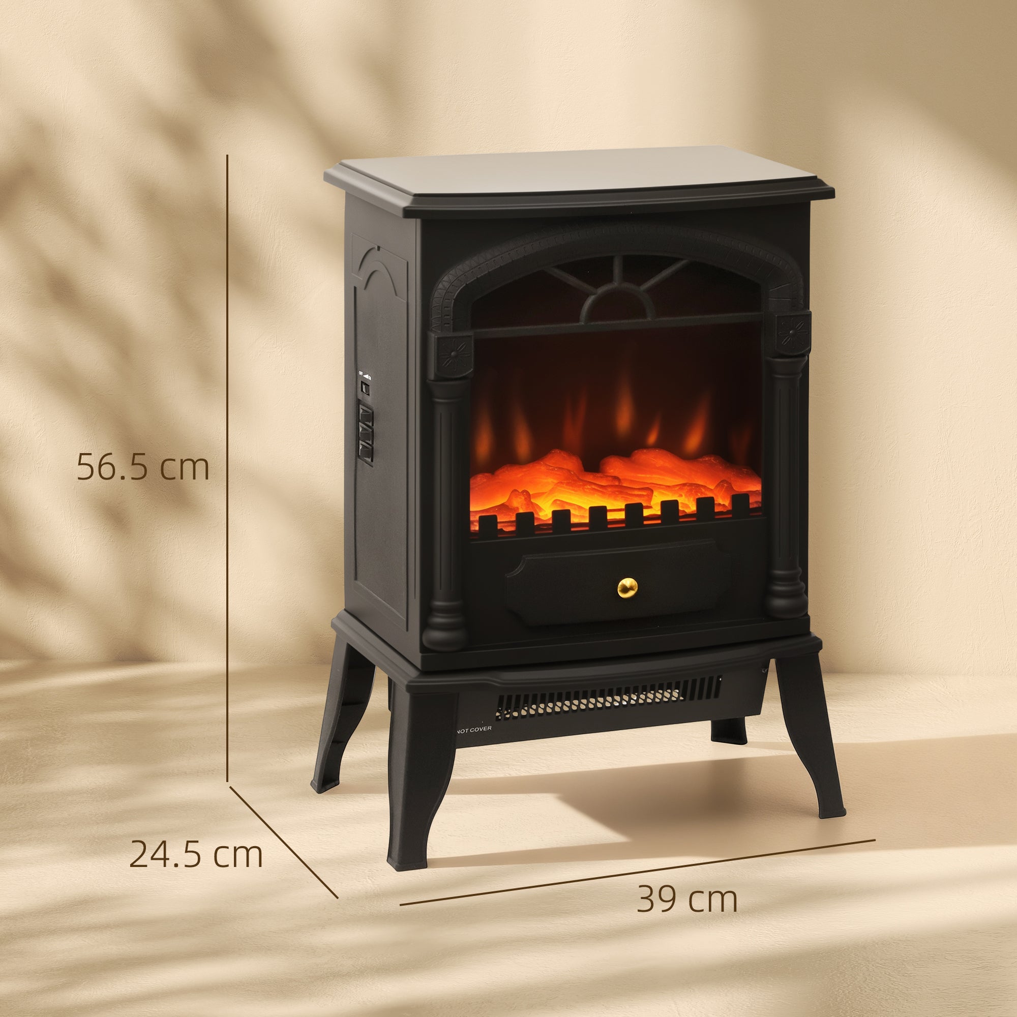 Fynco - Electric Fireplace Stove Heater with 3D Flame Effect, 2000W/1000W, Freestanding Portable Fireplace with Adjustable Thermostat, 2 Heat Settings for Living Room, Black