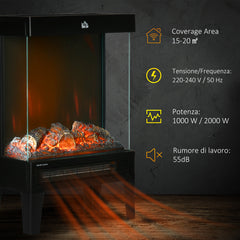 Fynco - 180° Charming Electric Fireplace Heater, Quiet Freestanding Stove with LED Flame Effect, Level-less Temperature Control, Overheating Protection, 1000W/2000W, Black