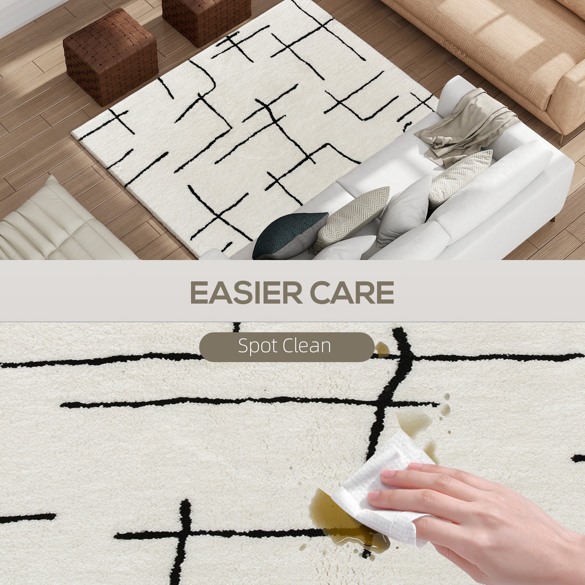 Fynco - Modern Fluffy Area Rug, Geometric Pattern Washable Rug, Soft High Pile Floor Carpet for Living Room, Bedroom, Dining Room, Home Office, 170 x 120 cm, Cream