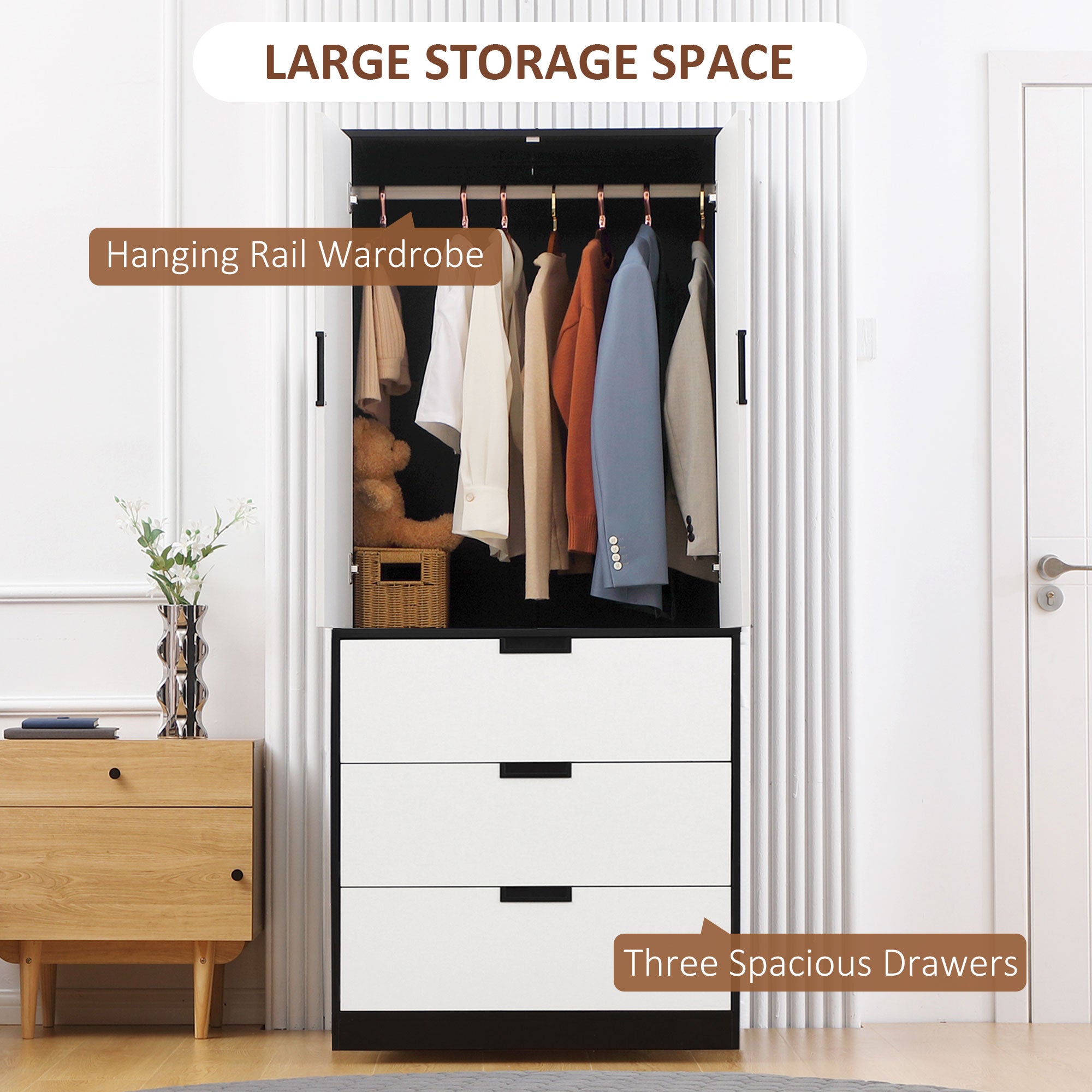Bedroom Furniture Set, Wardrobe with Hanging Rod, 4 Drawer Chest of Drawers, 2 Bedside Tables with Storage, White and Black