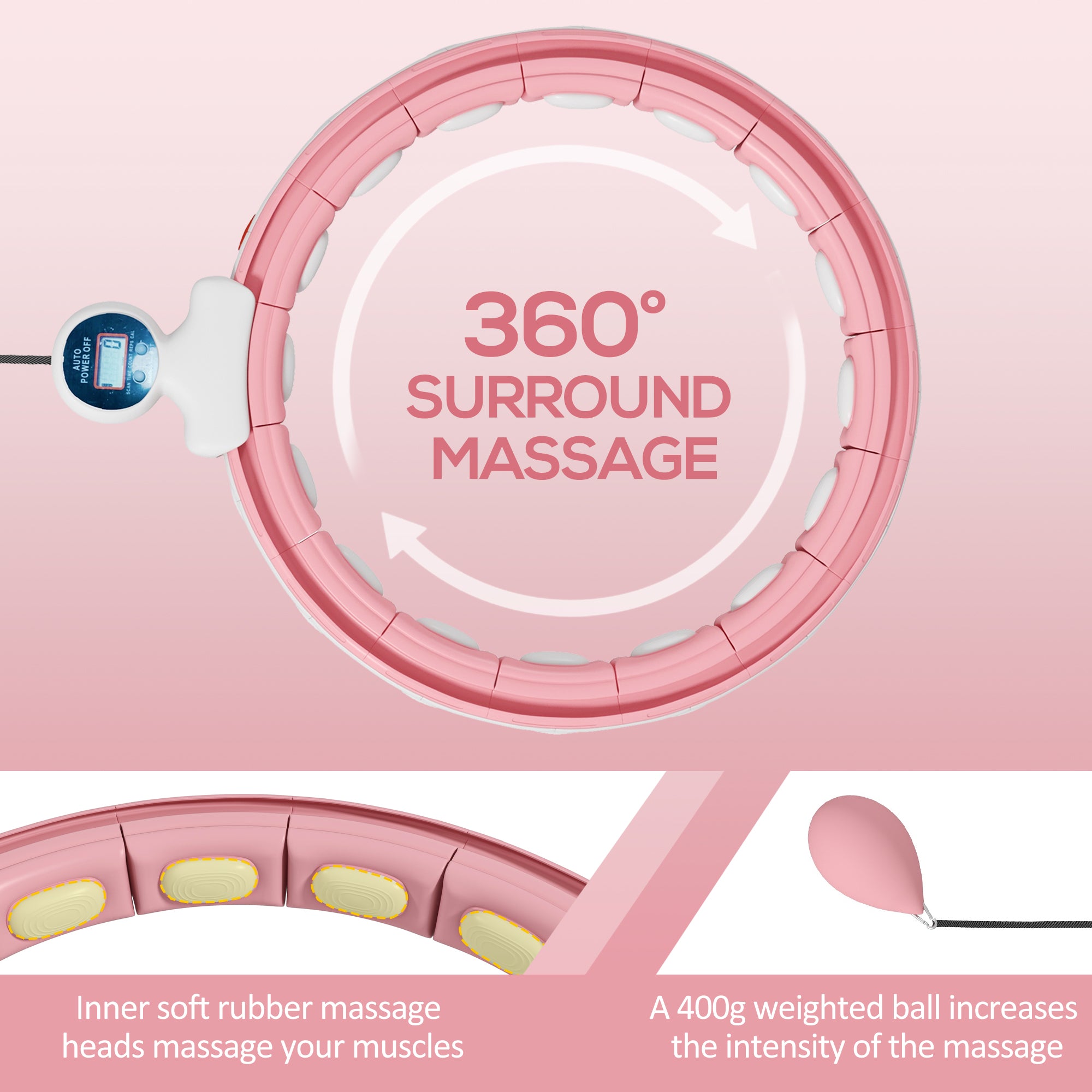SPORTNOW Smart Weighted Hula Hoop, Massage Hula Ring w/ 16 Detachable Knots, 360° Auto-Rotating Ball, Digital Counter, Pink