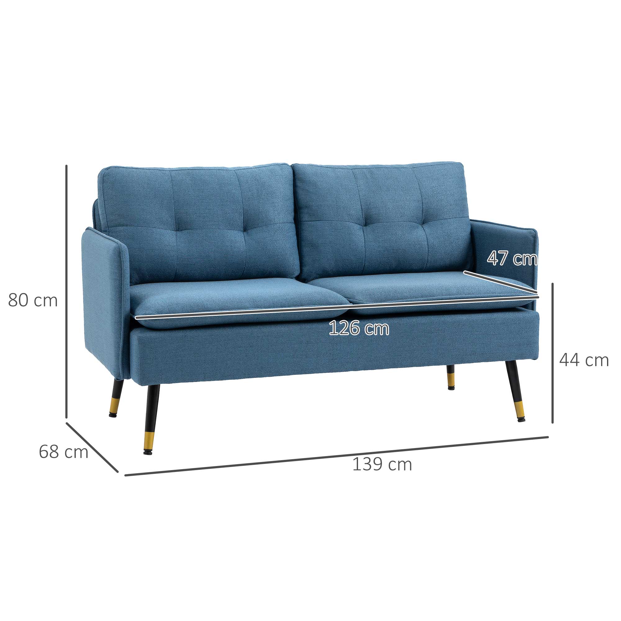 Modern Two Seater Sofa, Button Tufted Loveseat with Cushions and Steel Legs for Living Room, Guest Room, Dark Blue