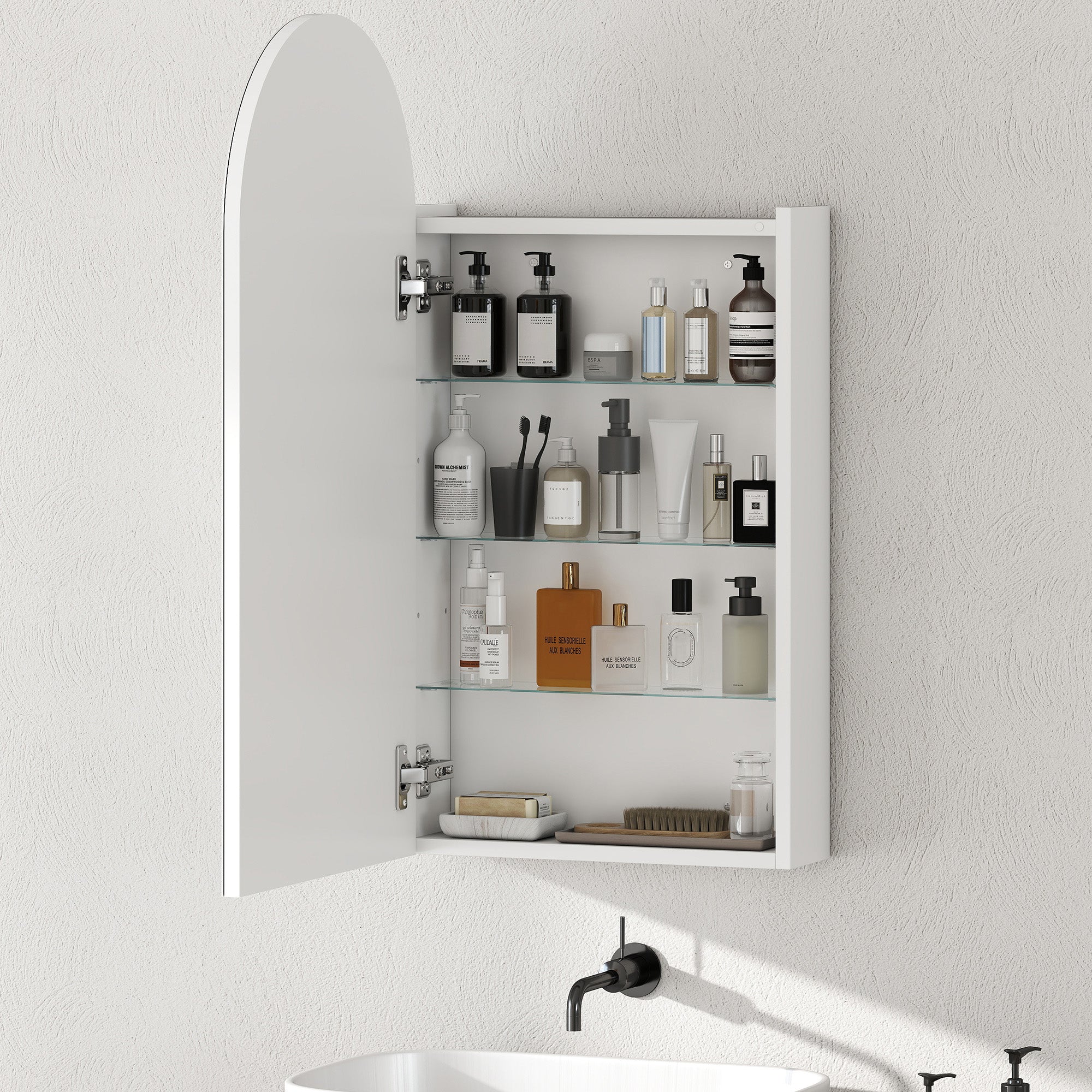 Fynco - Arched Bathroom Mirror Cabinet with Adjustable Glass Shelves - White