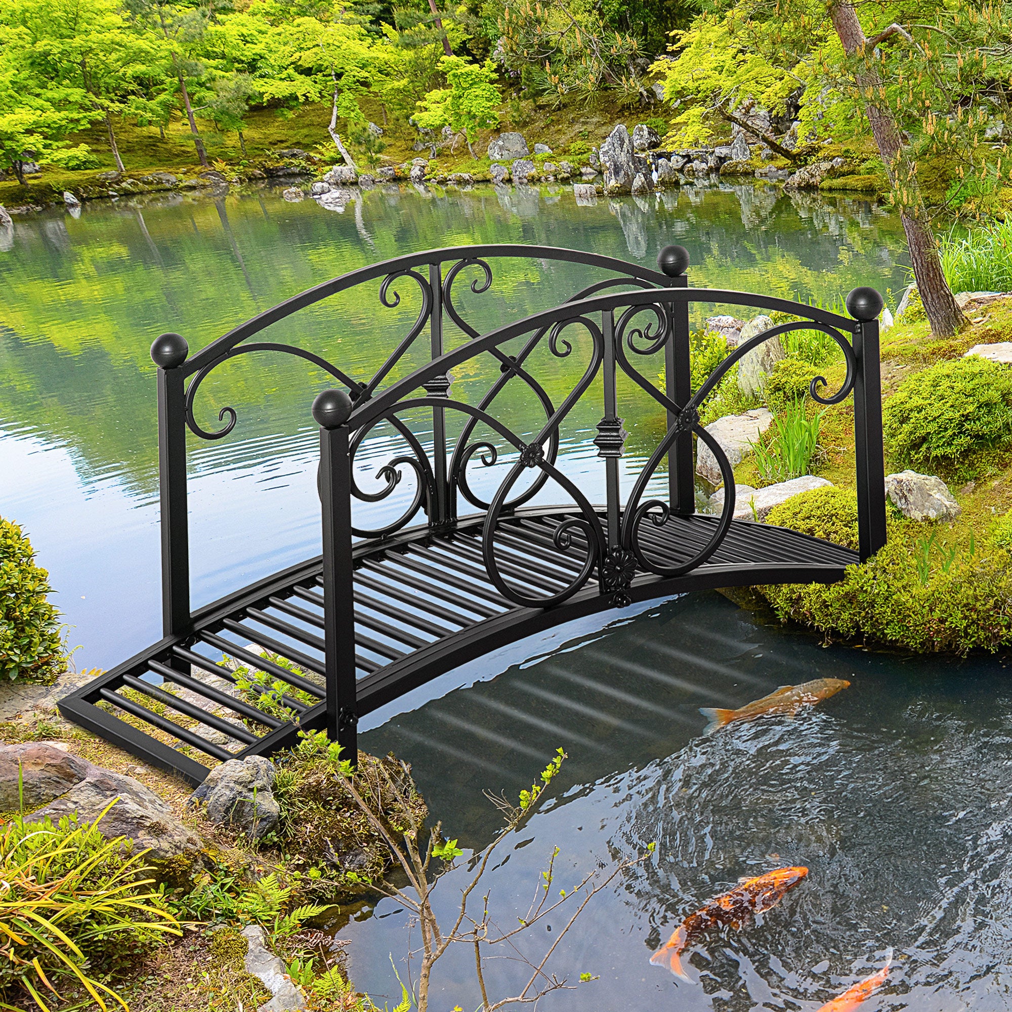 102L x 48W x 49H Classic Metal Garden Bridge with Safety Railings Arc Footbridge Decorative Pond Bridge for Backyard Creek Stream, Black