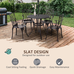5 Pieces Garden Dining Set for 4, Cast Aluminium Outdoor Dining Set with 4 Armchairs and Round Dining Table with Parasol Hole, Garden Furniture Set, Brown