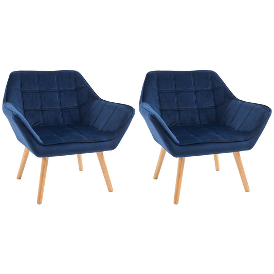 Armchair Accent Chair, Vanity Chair with Wide Arms, Slanted Back, Padding, Metal Frame, Wooden Legs, Home Bedroom Furniture Seating, Set of 2, Blue