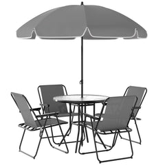 4 Seater Garden Furniture Set, 6 Pieces Garden Table and Chairs with Parasol, Outdoor Garden Dining Set with Folding Chairs and Round Glass Top Table for Patio, Grey