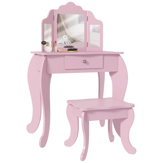 Fynco - Kids Vanity Table and Chair Set with Tri-Folding Mirror and Stool, Makeup Dressing Table with Drawer, Pink