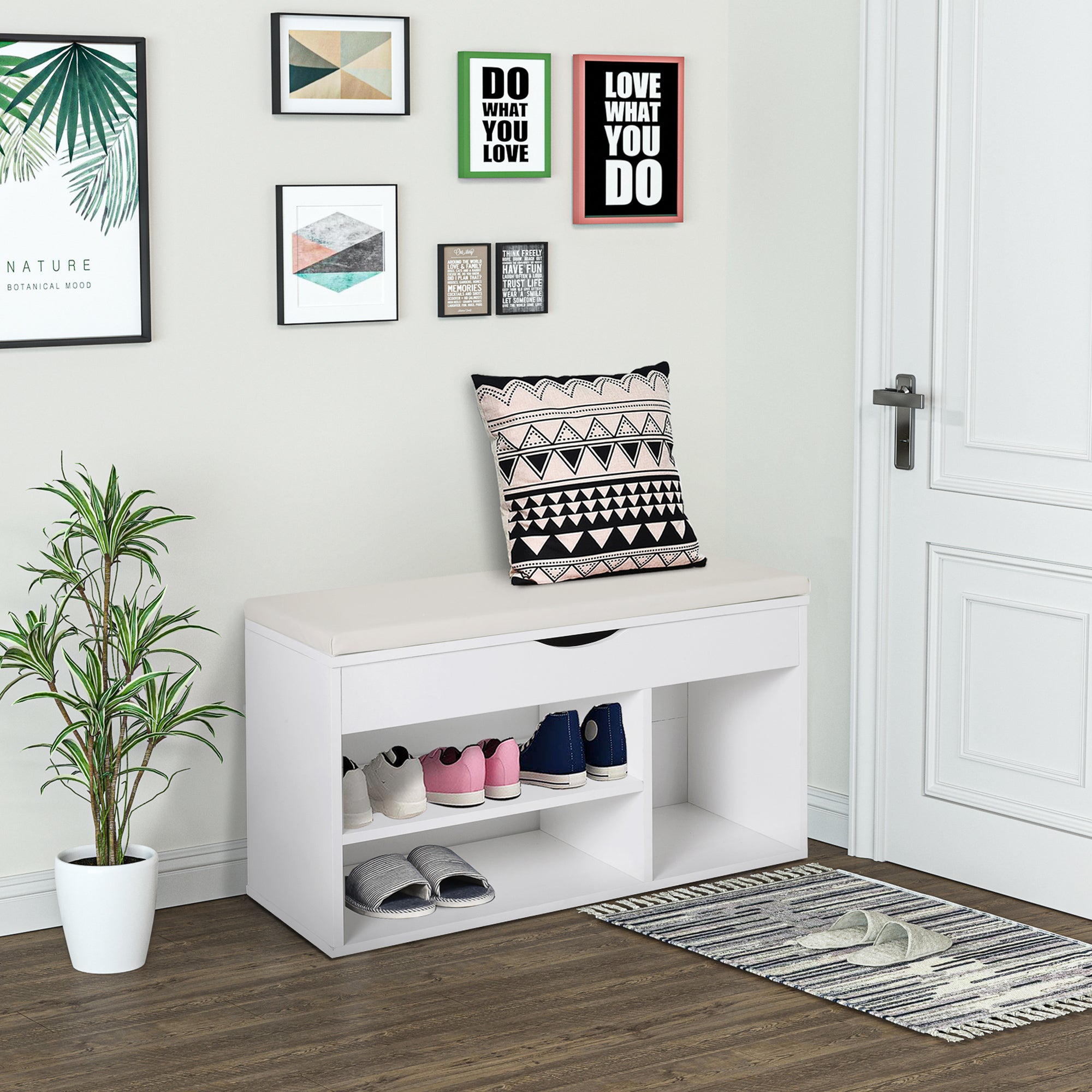 Fynco - Wooden Shoes Cabinet Bench Hidden Storage Padded Seat Organiser Footwear Rack Hallway White 80 x 30 x 47 cm