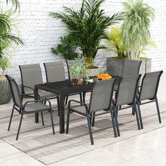 8 Seater Garden Dining Set with Stacking Chairs, Rectangular Tempered Glass Top, Garden Furniture Set, Outdoor Dining Table and Chairs for Patio, Balcony, Poolside, Dark Grey
