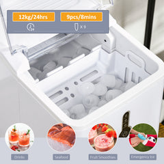 Ice Maker Machine, 1.5L Countertop Ice Cube Maker with Self-Cleaning, 9 Cubes Ready in 8 Mins, 12kg in 24 Hrs, No Plumbing with Basket, White