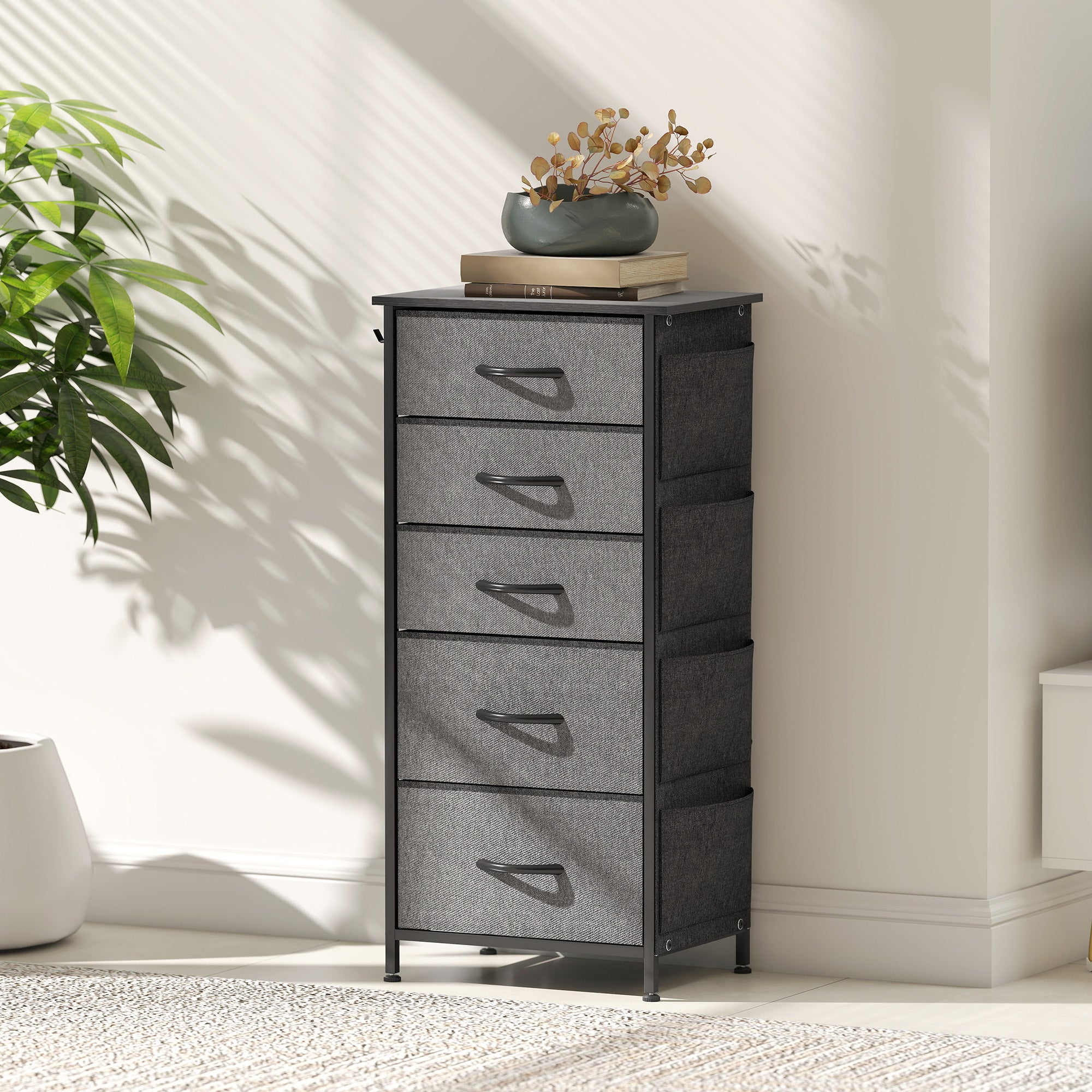 Chest of Five Fabric Drawers - Charcoal Grey