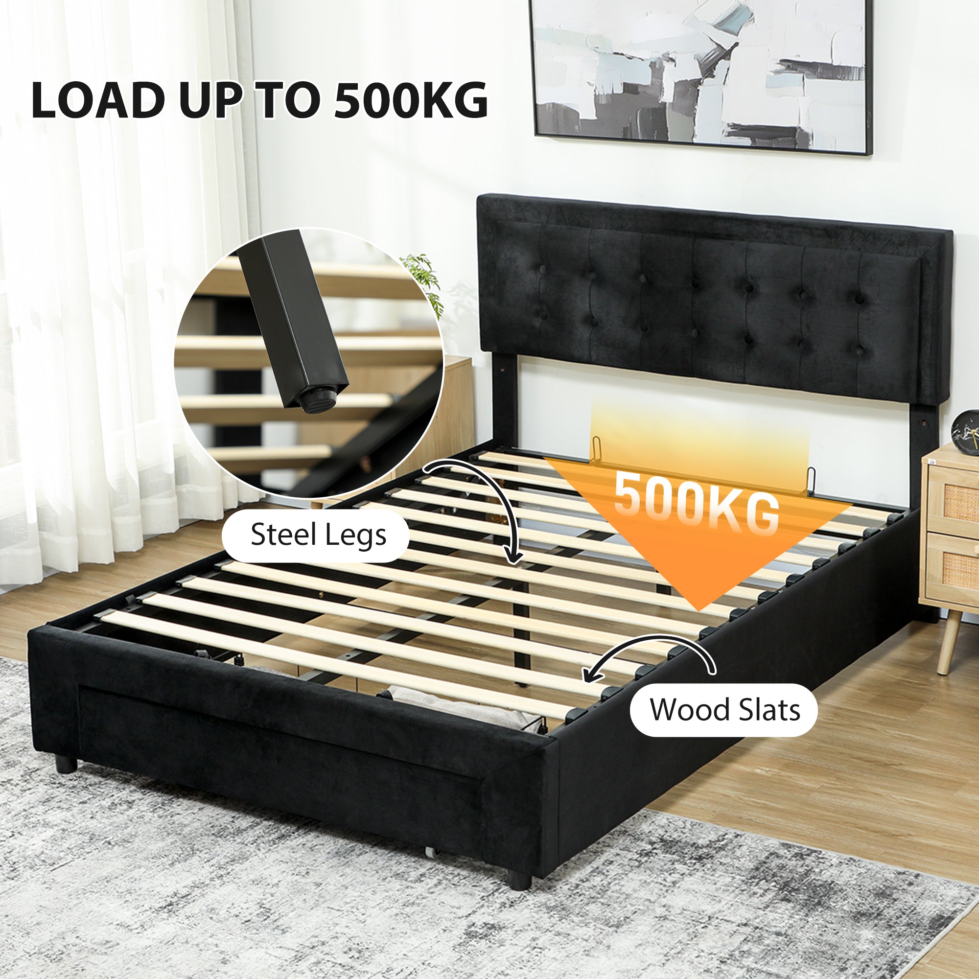 Fynco - King Size Ottoman Bed Frame, with Front Drawer - Black