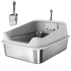 XXL Stainless Steel Cat Litter Box with High Sides, Metal Scoop, 70 x 50 x 30 cm