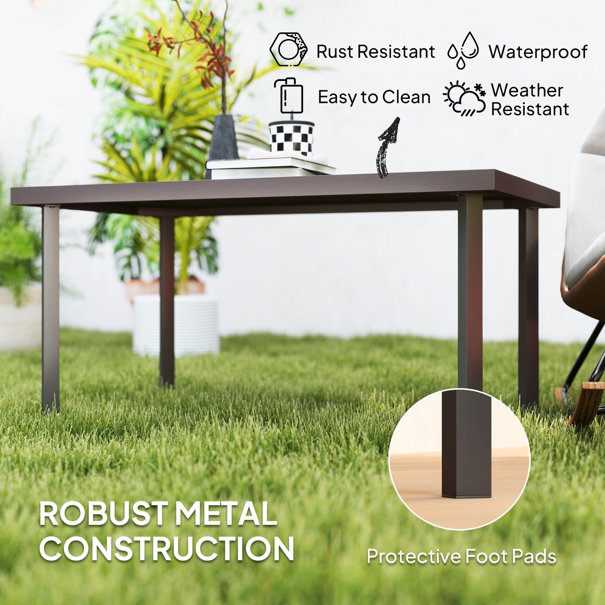 Metal Garden Coffee Table, Rectangular Outdoor Side Table with Woodgrain Tabletop, Foot Pads for Outside, Garden, Balcony, Porch, 95 x 55 x 46cm, Brown