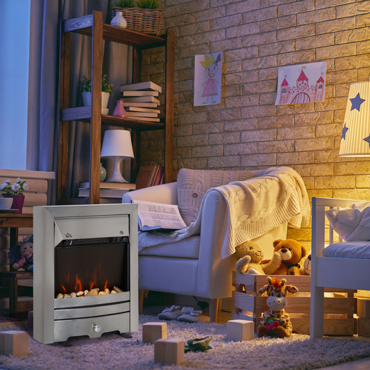 Fynco - 2KW Stainless Steel Electric Fireplace Pebble Burning Effect Heater Fire Flame Indoor Stove LED Lighting