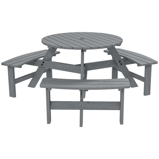 6 Seater Wooden Picnic Table and Garden Benches Set, Round Garden Dining Set with 3 Benches and Umbrella Hole Outdoor Garden Park, Grey