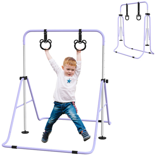 Adjustable Height, Foldable Kids Gymnastics Bar w/ Non-slip Rubber Floor Rings, for 3+ Years, Purple