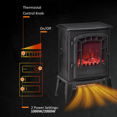 Fynco - Free standing Electric Fireplace Stove, Fireplace Heater with Realistic Flame Effect, Overheat Safety Protection, 1000W/2000W, Black