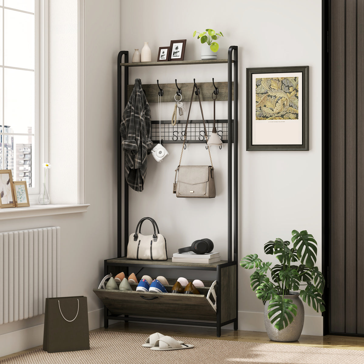 5-In-1 Industrial-Style Hallway Tree - Grey/Black