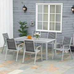 7 Pieces Garden Dining Set, Outdoor Table and 6 Armchairs, Aluminium Frame, Slatted Wood Grain Plastic Top Table, Breathable Mesh Fabric Seats and Backrest, Light Grey