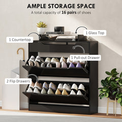 Fynco - Shoe Storage Cabinet with Slide Out Drawer, 2 Flip Doors, Tempered Glass Top - Black