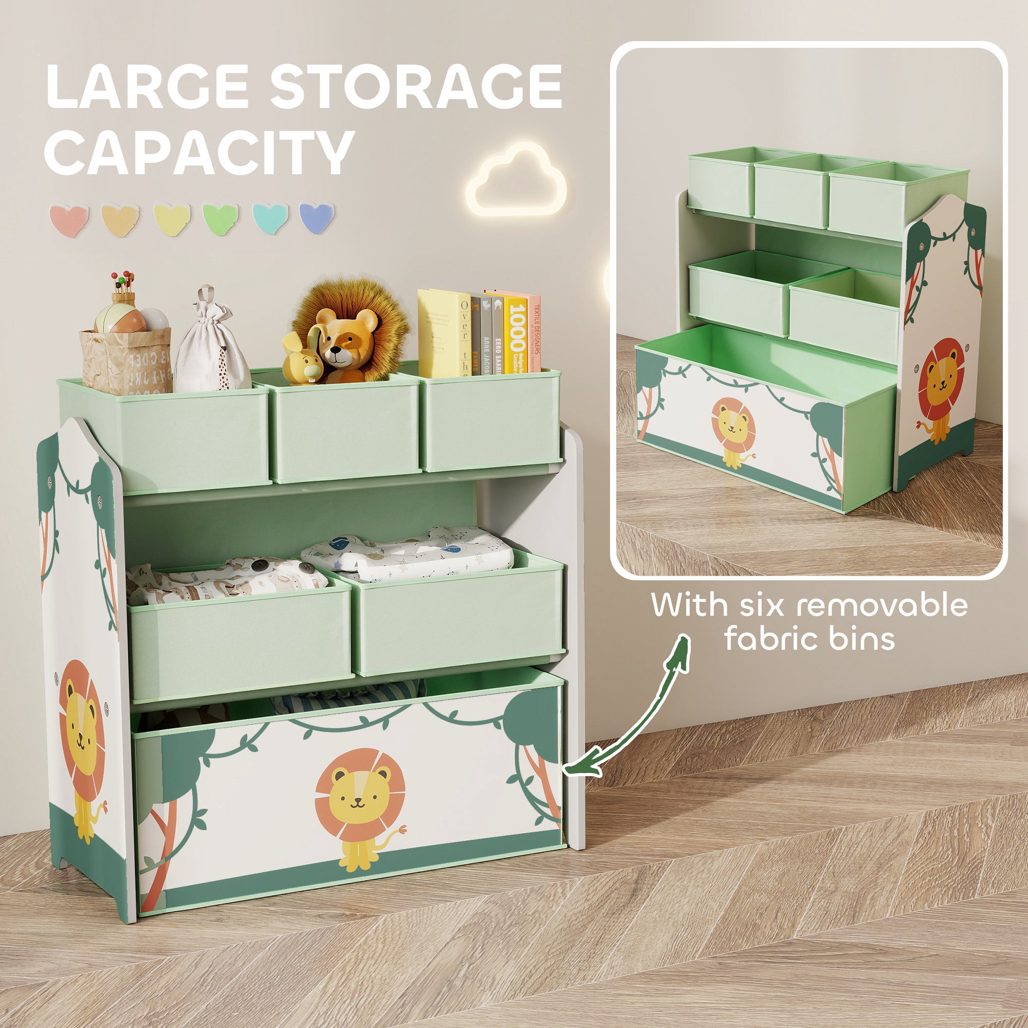 AIYAPLAY Kids Toy Storage Units, 3-Tier Toy Organiser Shelf with 6 Removable Boxes for Kids, Bedroom, Playroom, Green