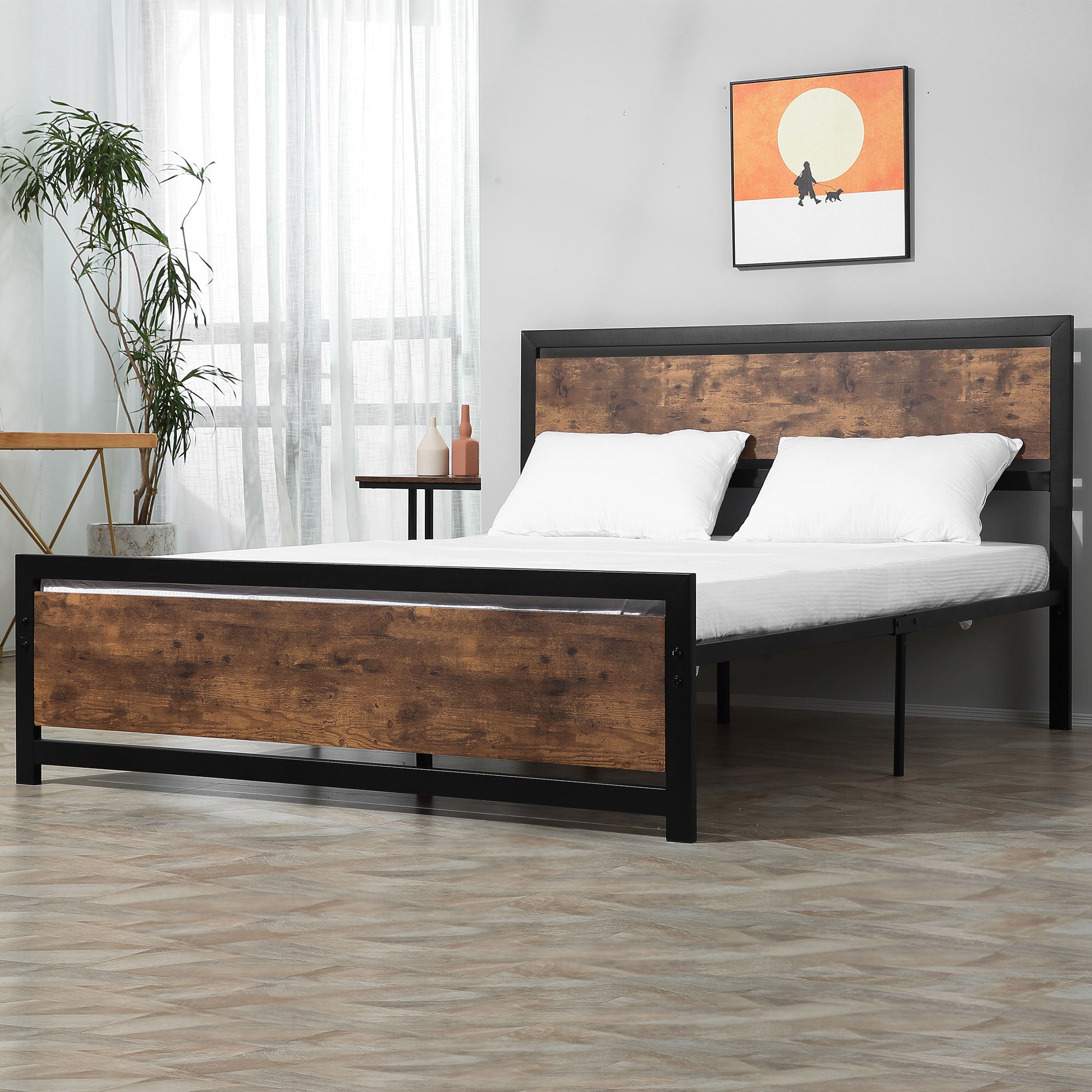 King Size Metal Bed Frame with Headboard & Footboard, Strong Slat Support Full Bed Frame w/ Underbed Storage Space, Bedroom Furniture For Adults