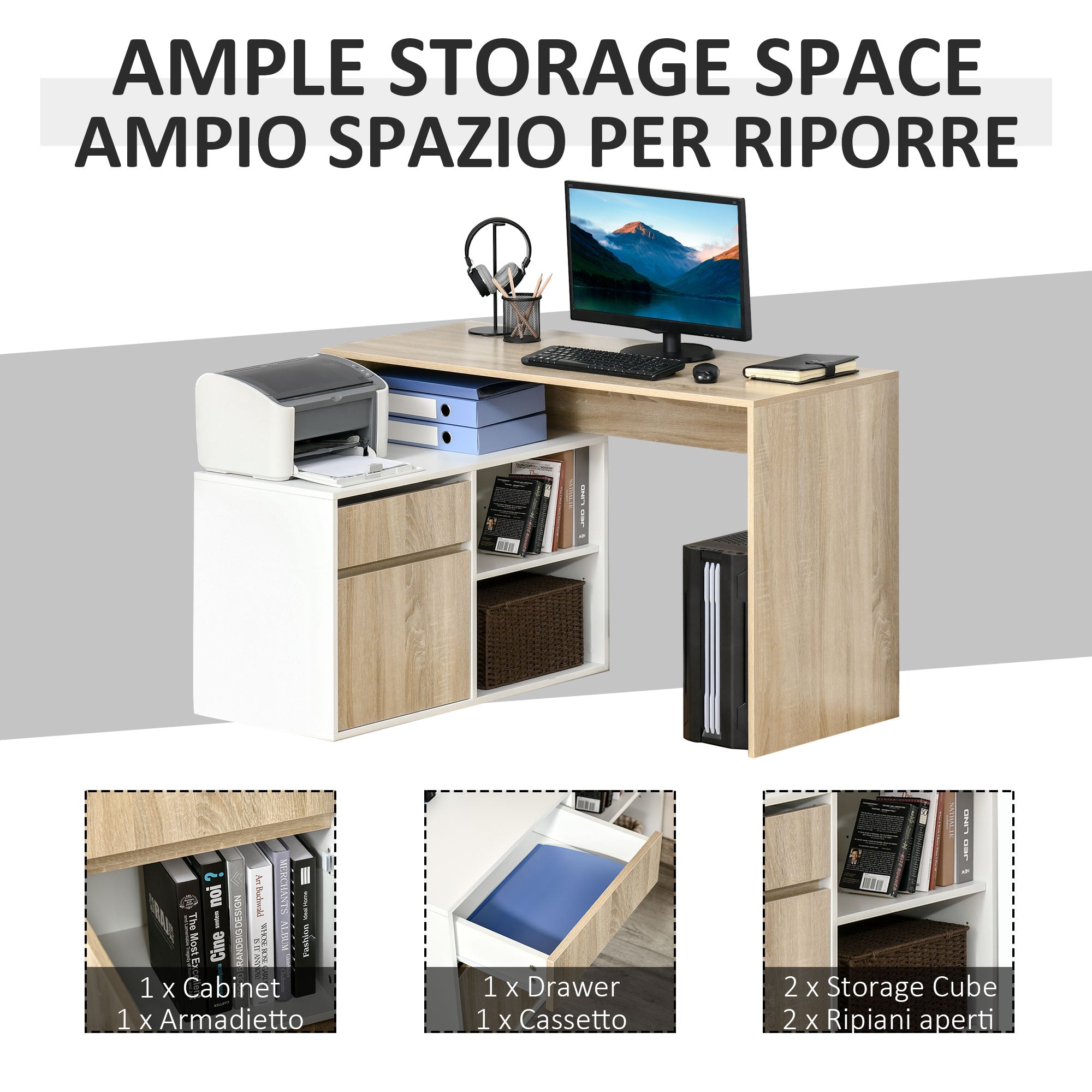 Fynco - L-Shaped Desk, Corner Computer Desk with Storage Drawer, Adjustable Shelf, Cabinet for Home Office and Study, 120 x 92 x 75cm, Oak and White