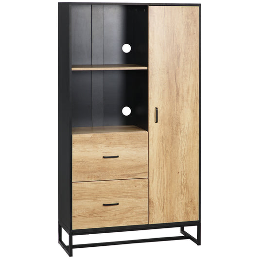 Kitchen Cupboard, Freestanding Storage Cabinet with Soft Close Door, Microwave Stand with Adjustable Shelves and Drawers, for Living Room, Dining Room, 160cm, Natural and Black