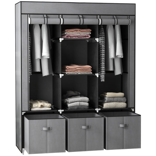 Fabric Wardrobe for Bedroom, Portable Wardrobe with 5 Shelves, 2 Hanging Rails and 3 Fabric Drawers, Foldable Closet, 125 x 43 x 162.5cm, Dark Grey