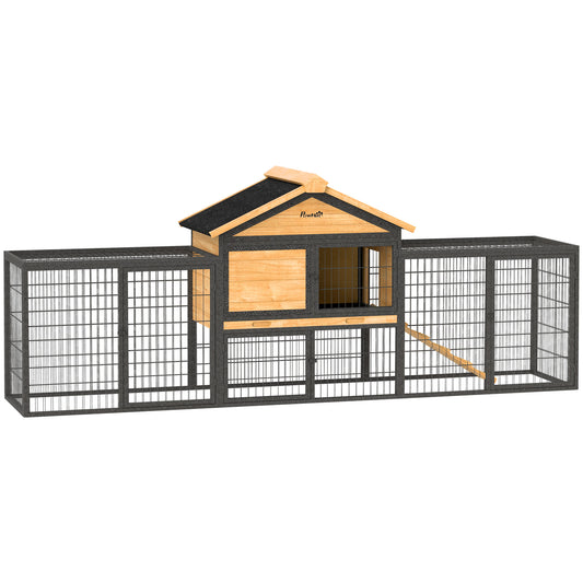 Wooden Rabbit Hutch Outdoor with Steel Run, Wooden Guinea Pig Cage with Removable Plastic Tray, Asphalt Roof, Ramp