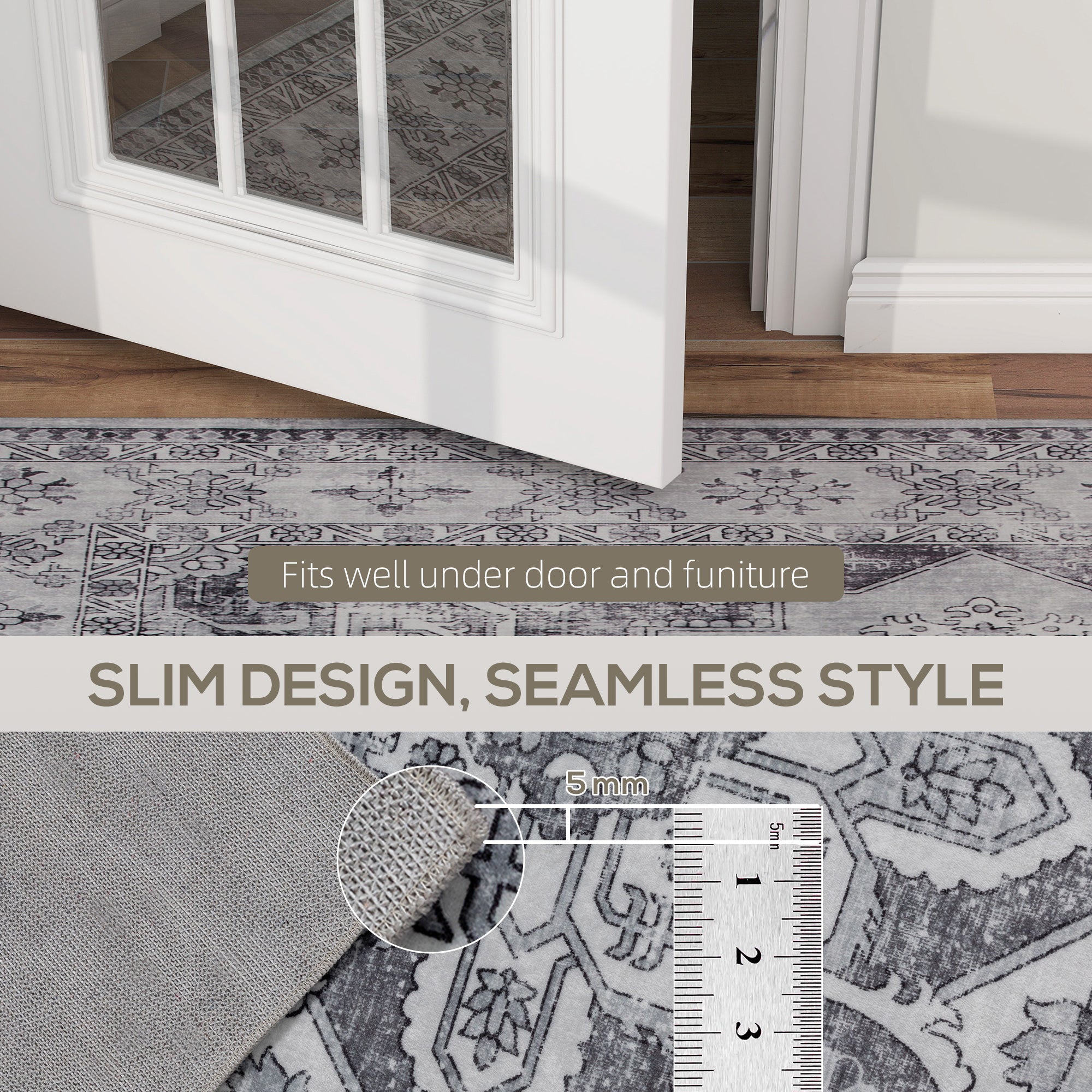 Fynco - Vintage Area Rug, Non-Slip Washable Rug, Flannel Floor Carpet for Living Room, Bedroom, Dining Room, Home Office, 170 x 120 cm, Grey