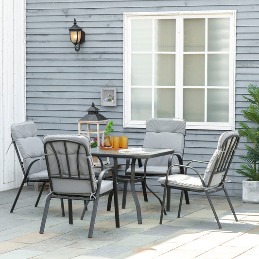 5 Pieces Outdoor Square Garden Dining Set w/ Tempered Glass Dining Table 4 Cushioned Armchairs, Umbrella Hole, Grey